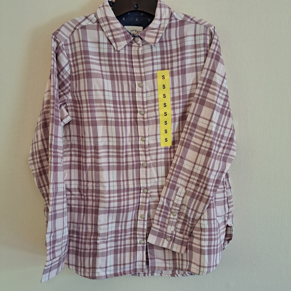 Jachs Girlfriend Womens Plaid Flannel Shirt Mauve White Snap Button Small NEW